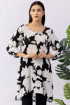 embroidered tunic tops black white viscose crepe round neck 3/4 sleeves regular fit