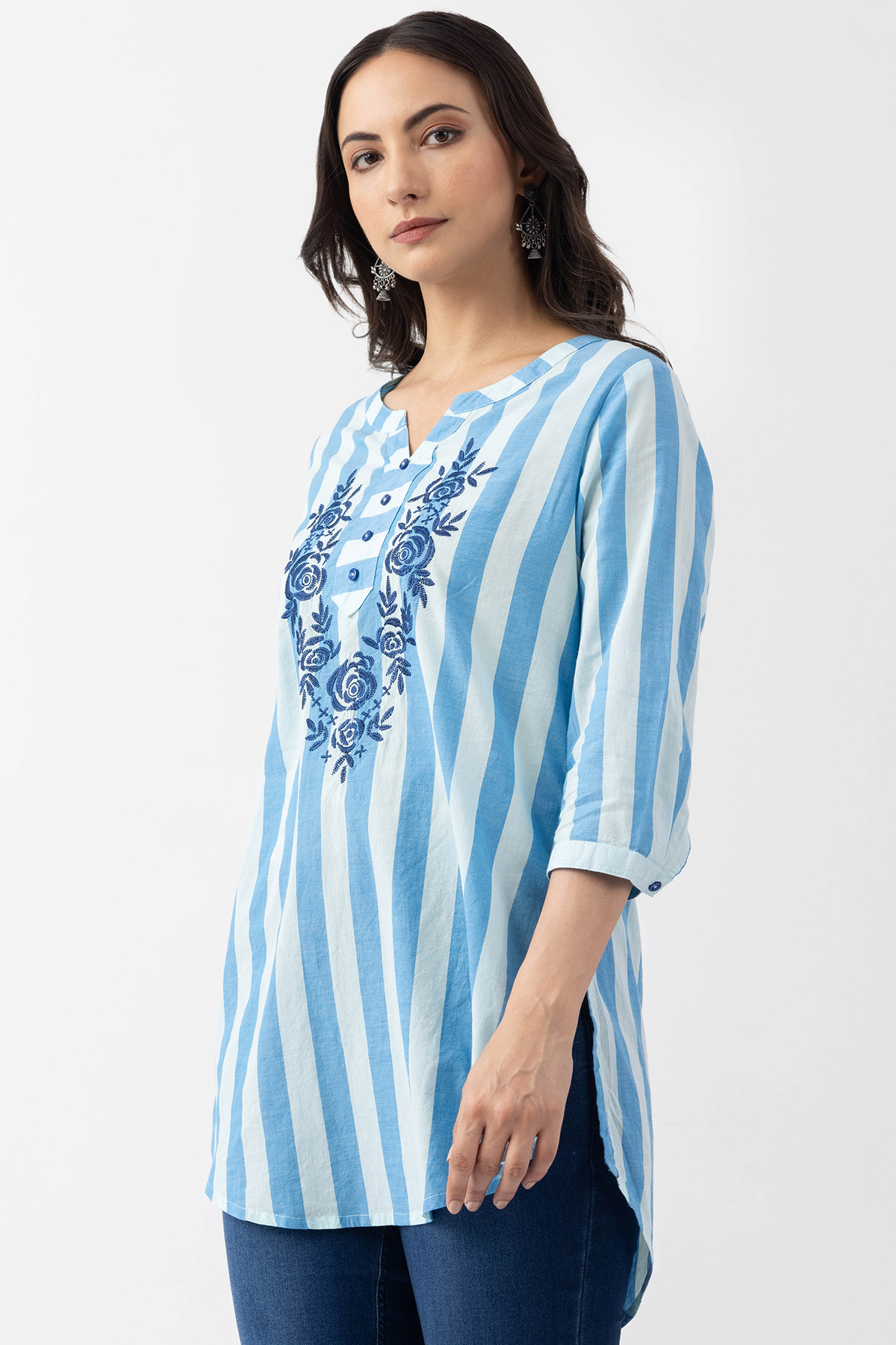 ladies cotton tunic top blue embroidered cotton stripe round neck 3/4 sleeves