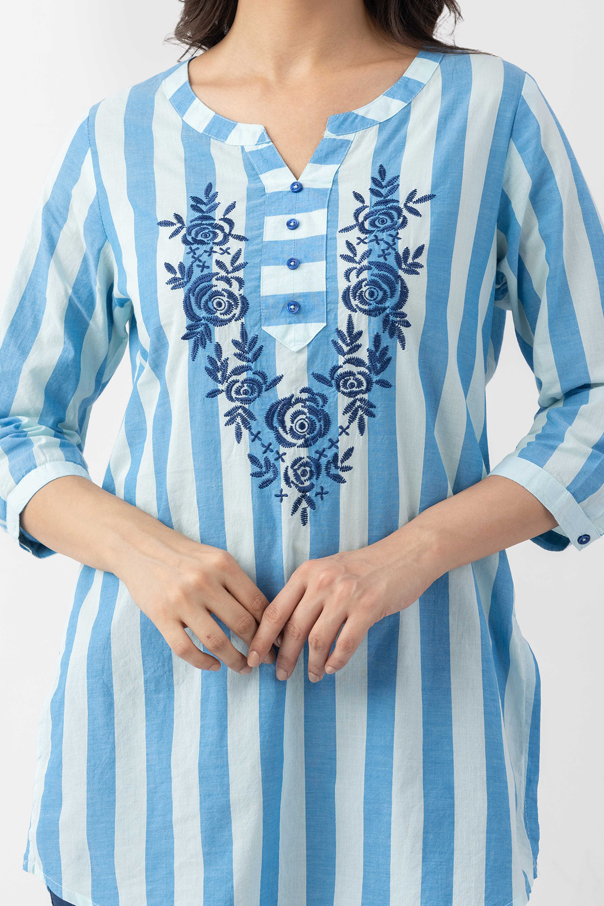ladies cotton tunic top blue embroidered cotton stripe round neck 3/4 sleeves