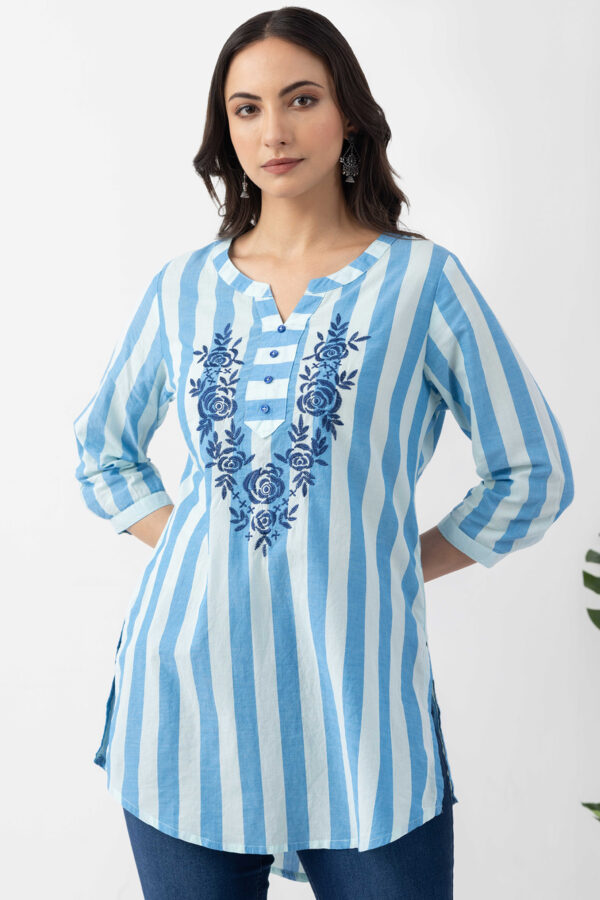 ladies cotton tunic top blue embroidered cotton stripe round neck 3/4 sleeves