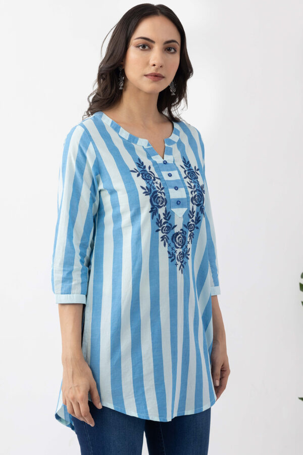 ladies cotton tunic top blue embroidered cotton stripe round neck 3/4 sleeves