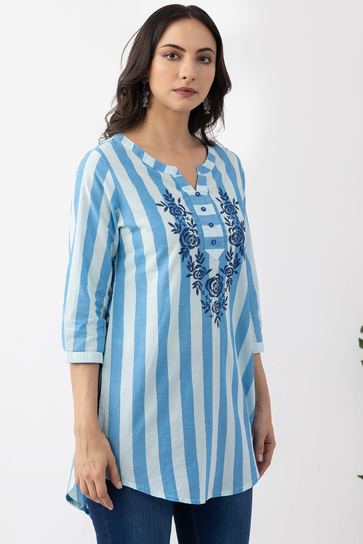 ladies cotton tunic top blue embroidered cotton stripe round neck 3/4 sleeves