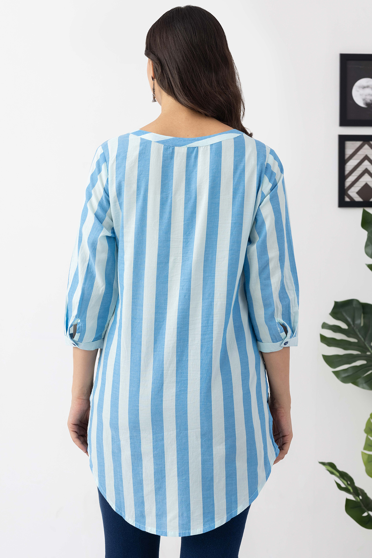 ladies cotton tunic top blue embroidered cotton stripe round neck 3/4 sleeves