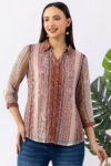 woman printed shirt ivory chiffon collared 3/4 sleeves regular fit