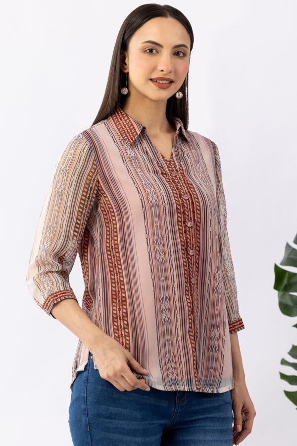 woman printed shirt ivory chiffon collared 3/4 sleeves regular fit