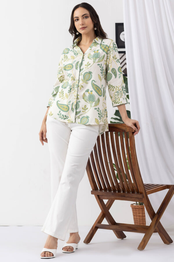 woman printed shirt ivory rayon twill collared 3/4 sleeves regular fit