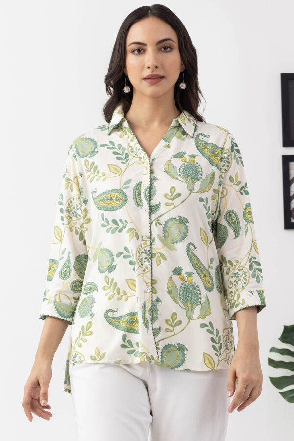 woman printed shirt ivory rayon twill collared 3/4 sleeves regular fit