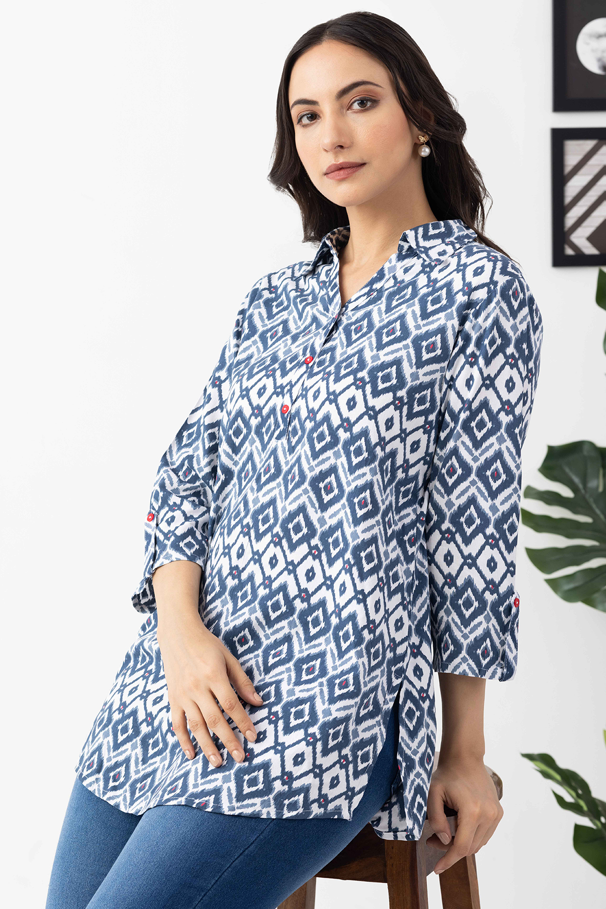 navy blue tunic top printed viscose collared 3/4 sleeves regular fit