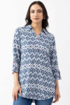 navy blue tunic top printed viscose collared 3/4 sleeves regular fit