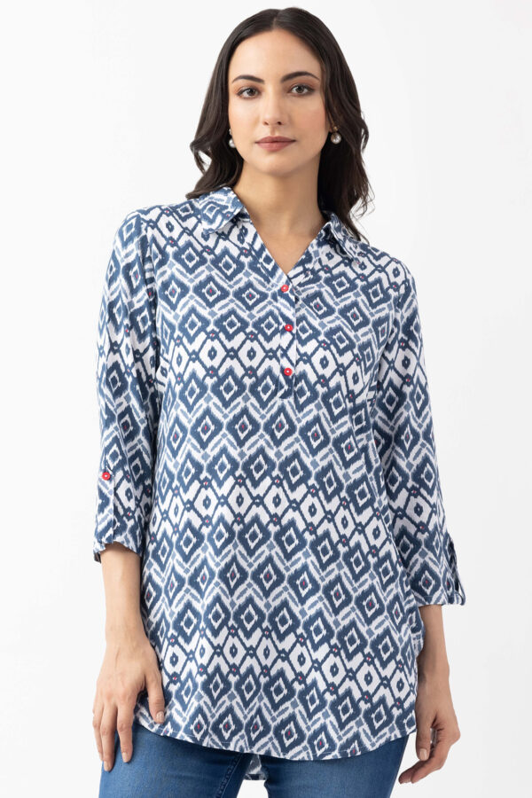 navy blue tunic top printed viscose collared 3/4 sleeves regular fit