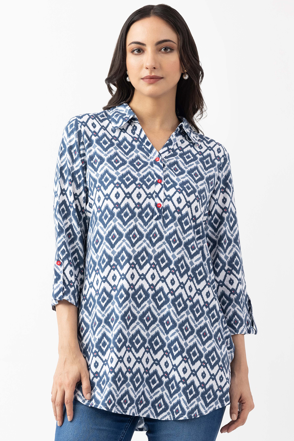 navy blue tunic top printed viscose collared 3/4 sleeves regular fit