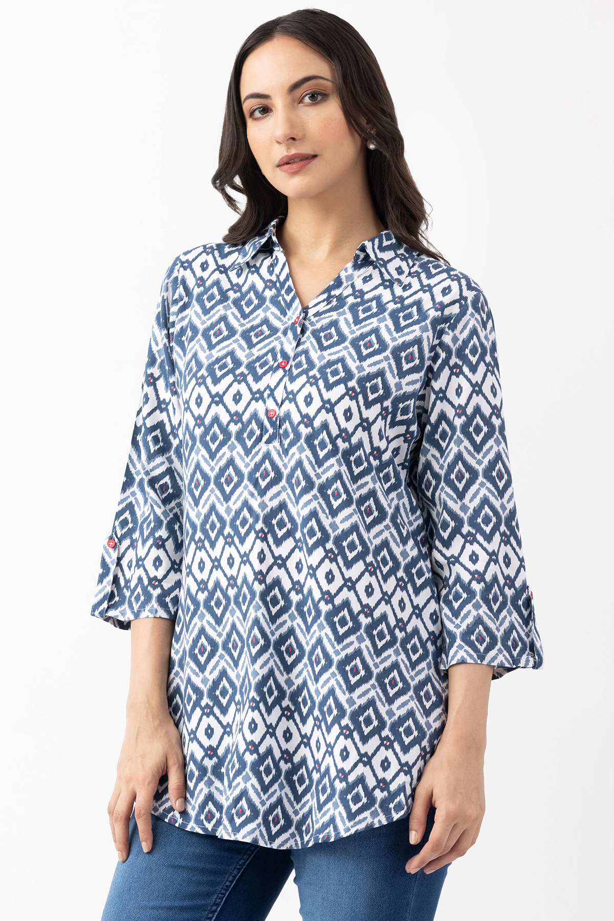 navy blue tunic top printed viscose collared 3/4 sleeves regular fit