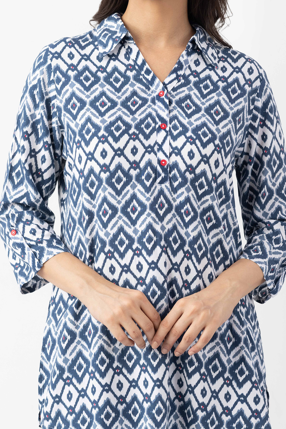 navy blue tunic top printed viscose collared 3/4 sleeves regular fit