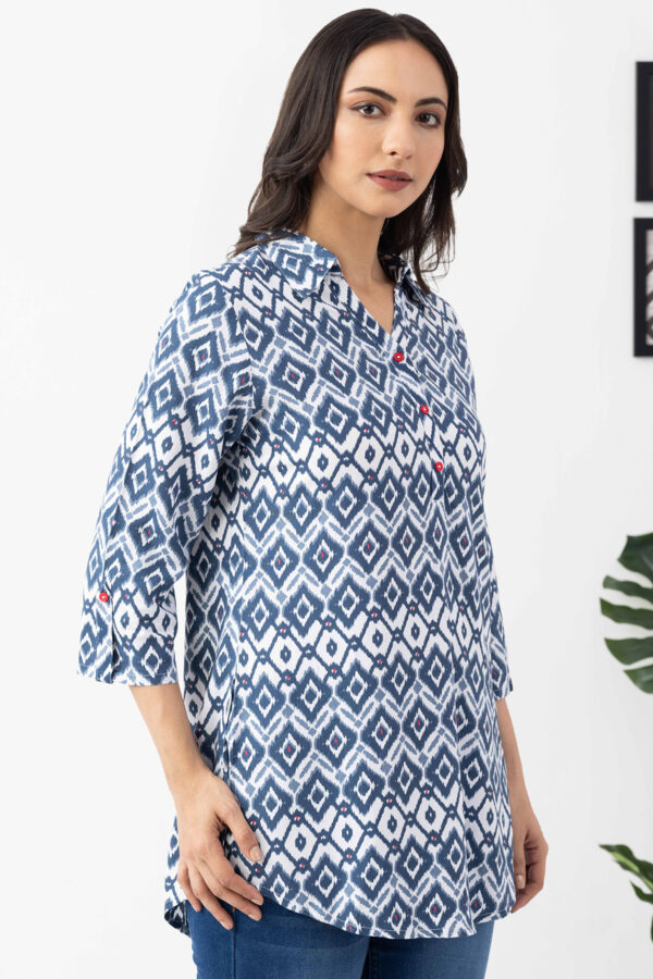 navy blue tunic top printed viscose collared 3/4 sleeves regular fit