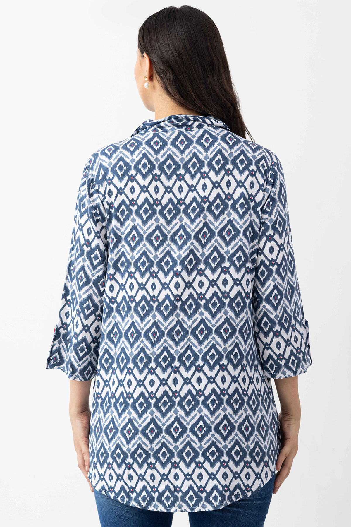 navy blue tunic top printed viscose collared 3/4 sleeves regular fit