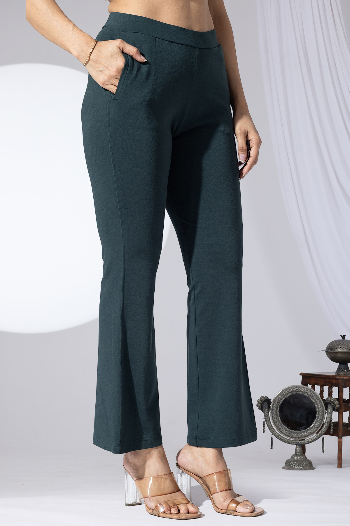 slim fit trouser pant green tencel roma spandex solid women pants
