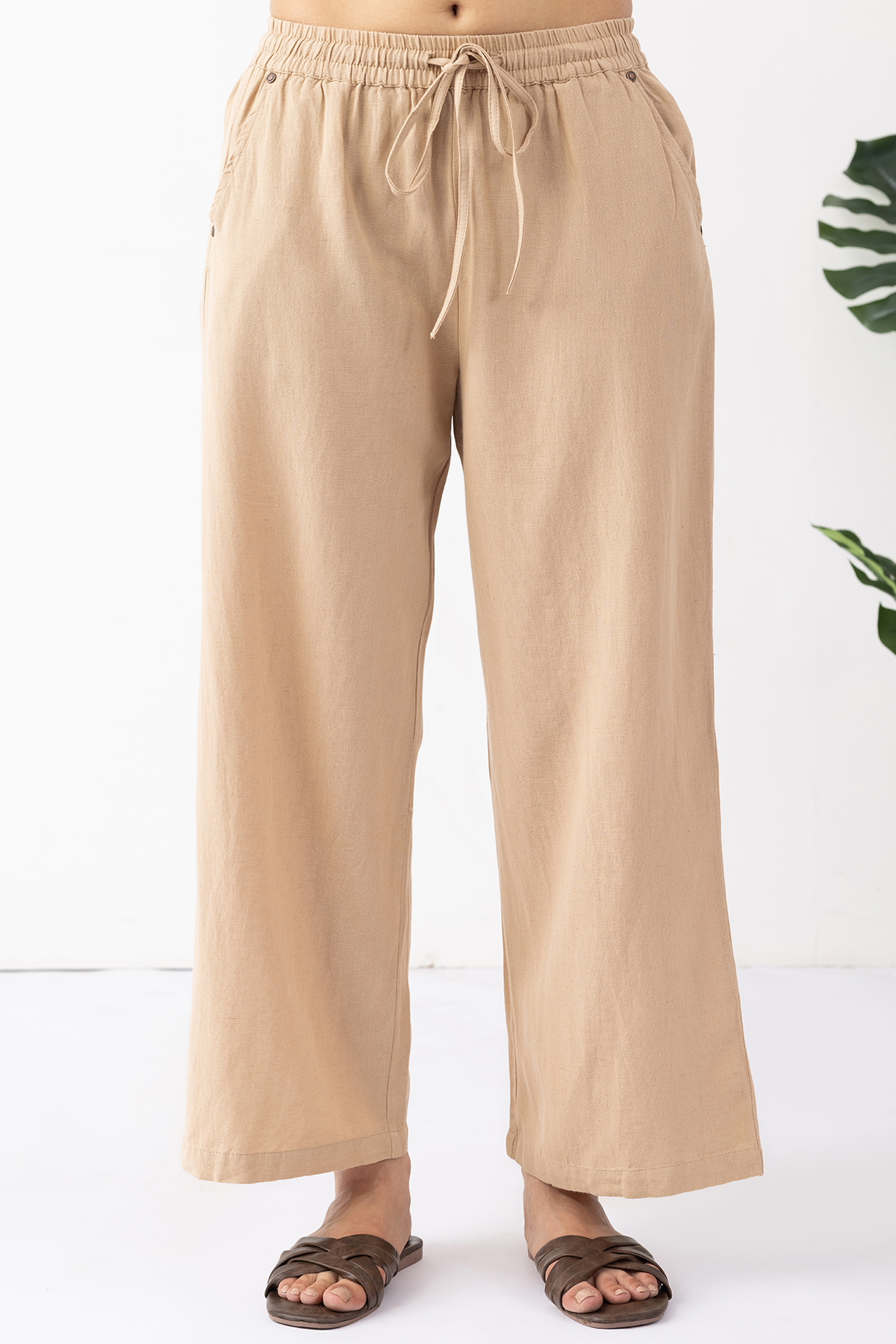 linen trousers women beige solid regular fit linen pants
