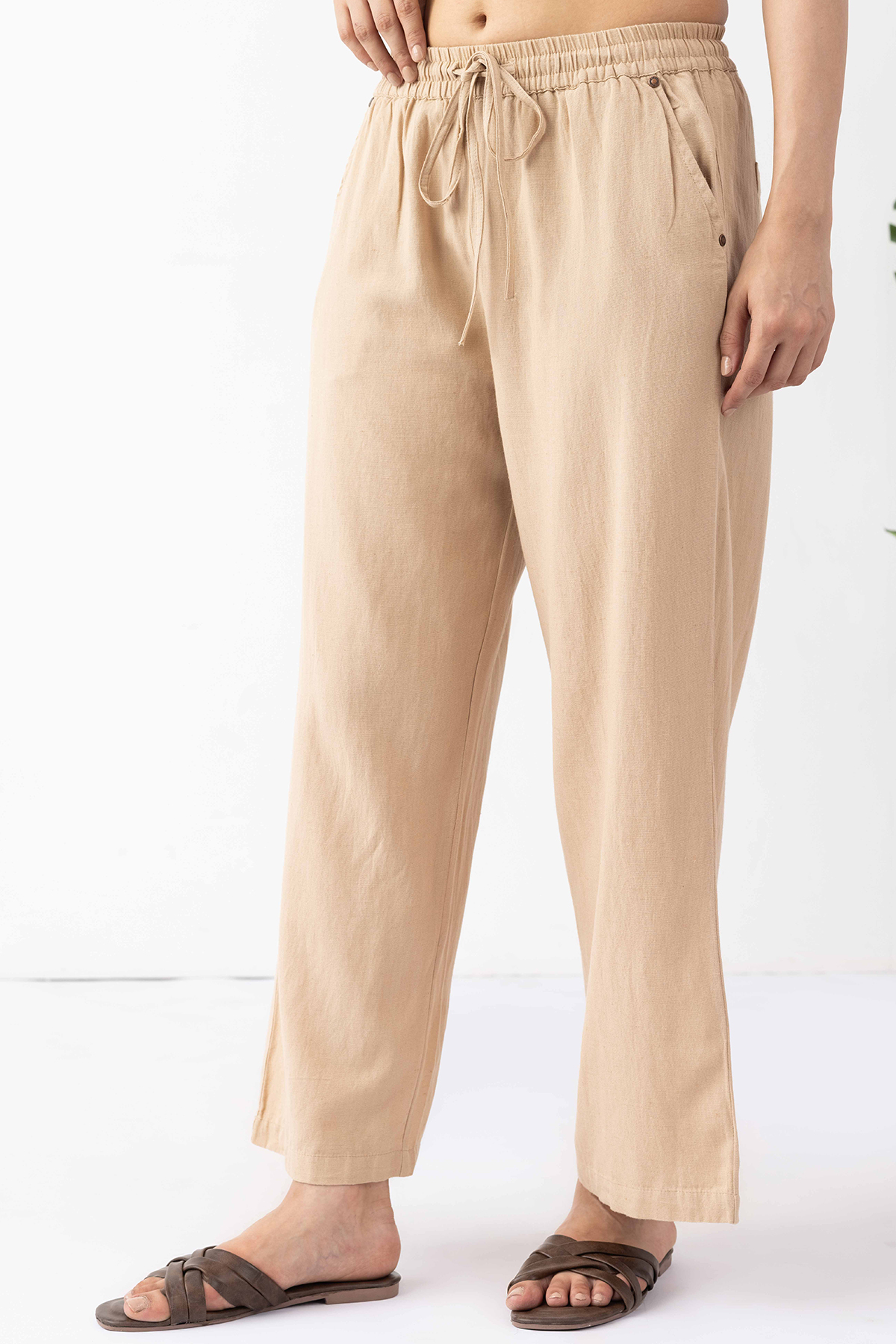 linen trousers women beige solid regular fit linen pants