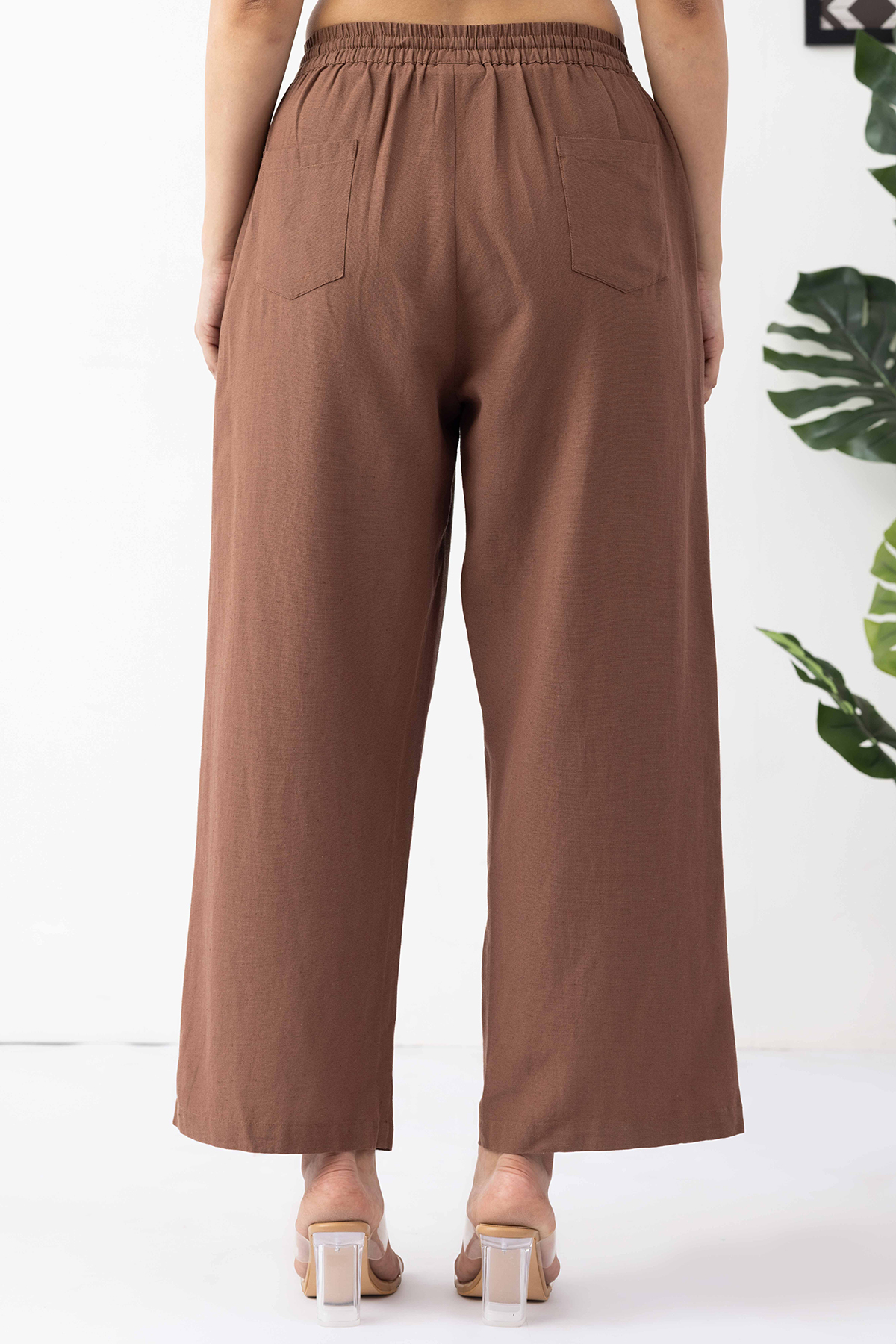 brown trouser for women solid linen regular fit pants