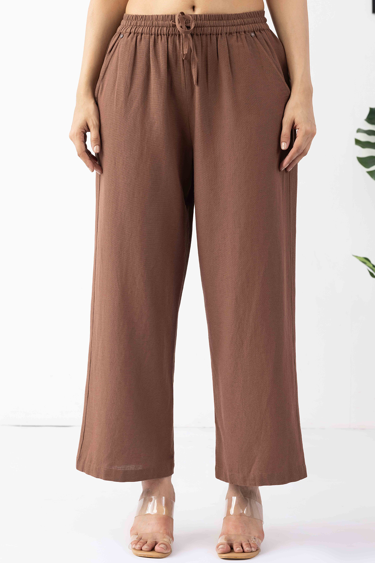 brown trouser for women solid linen regular fit pants