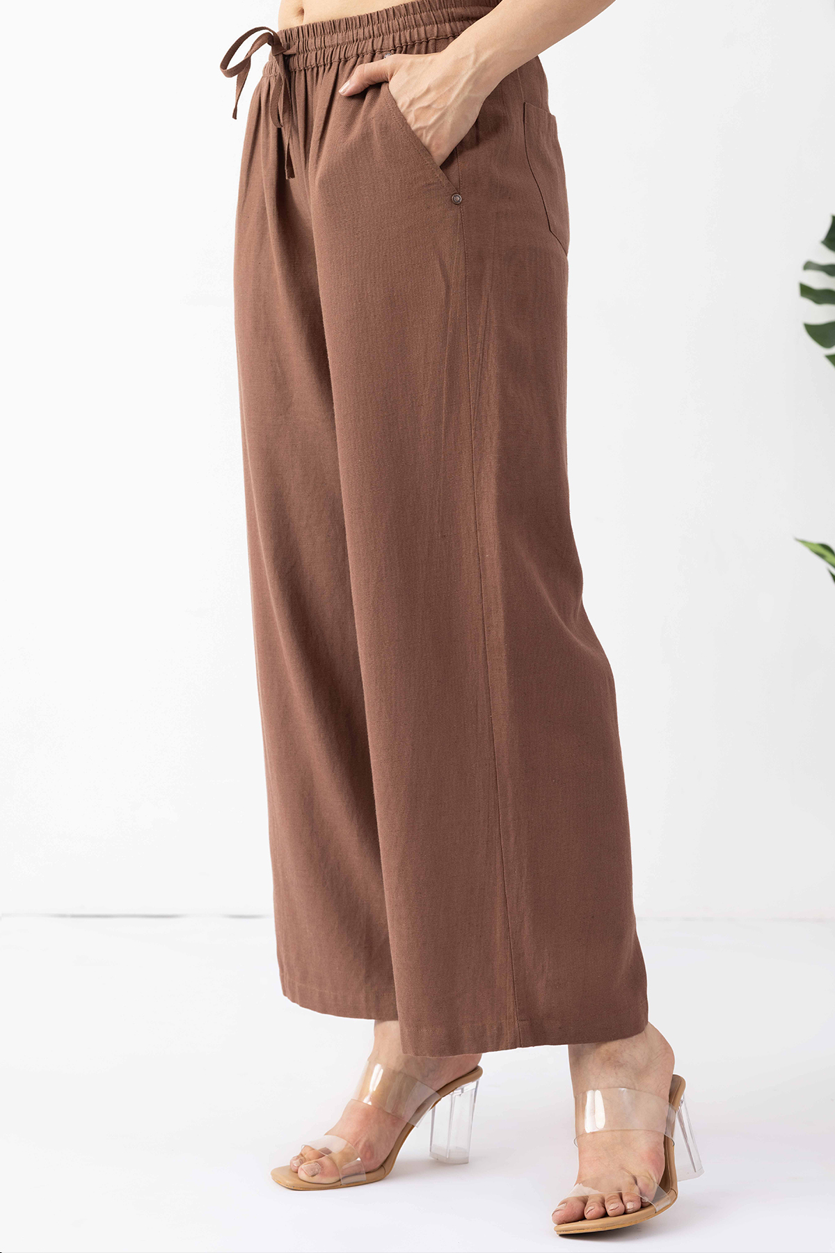 brown trouser for women solid linen regular fit pants