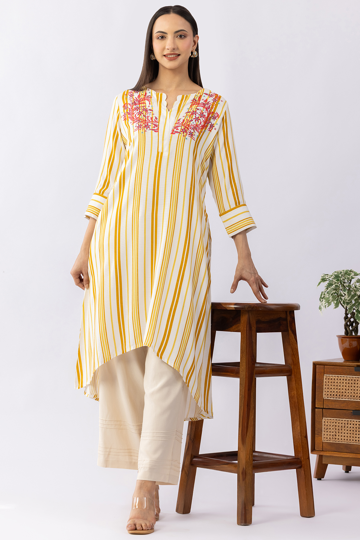 stripes kurti for women yellow viscose dobby round neck 3/4 sleeves