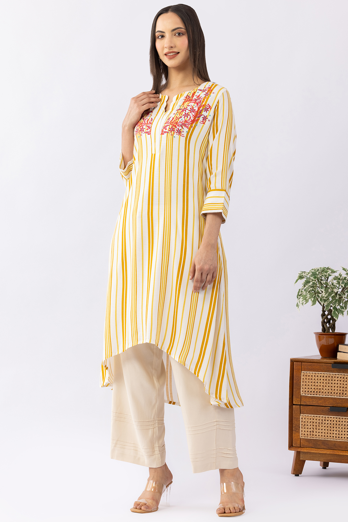 stripes kurti for women yellow viscose dobby round neck 3/4 sleeves