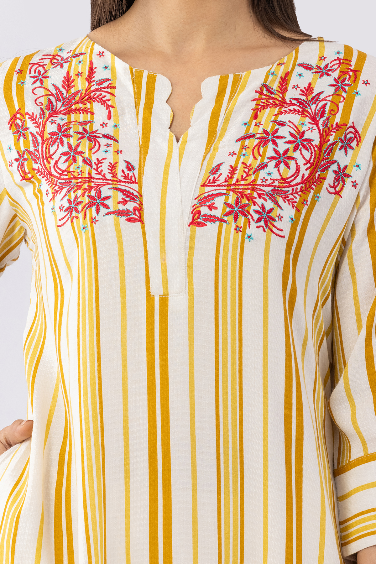 stripes kurti for women yellow viscose dobby round neck 3/4 sleeves