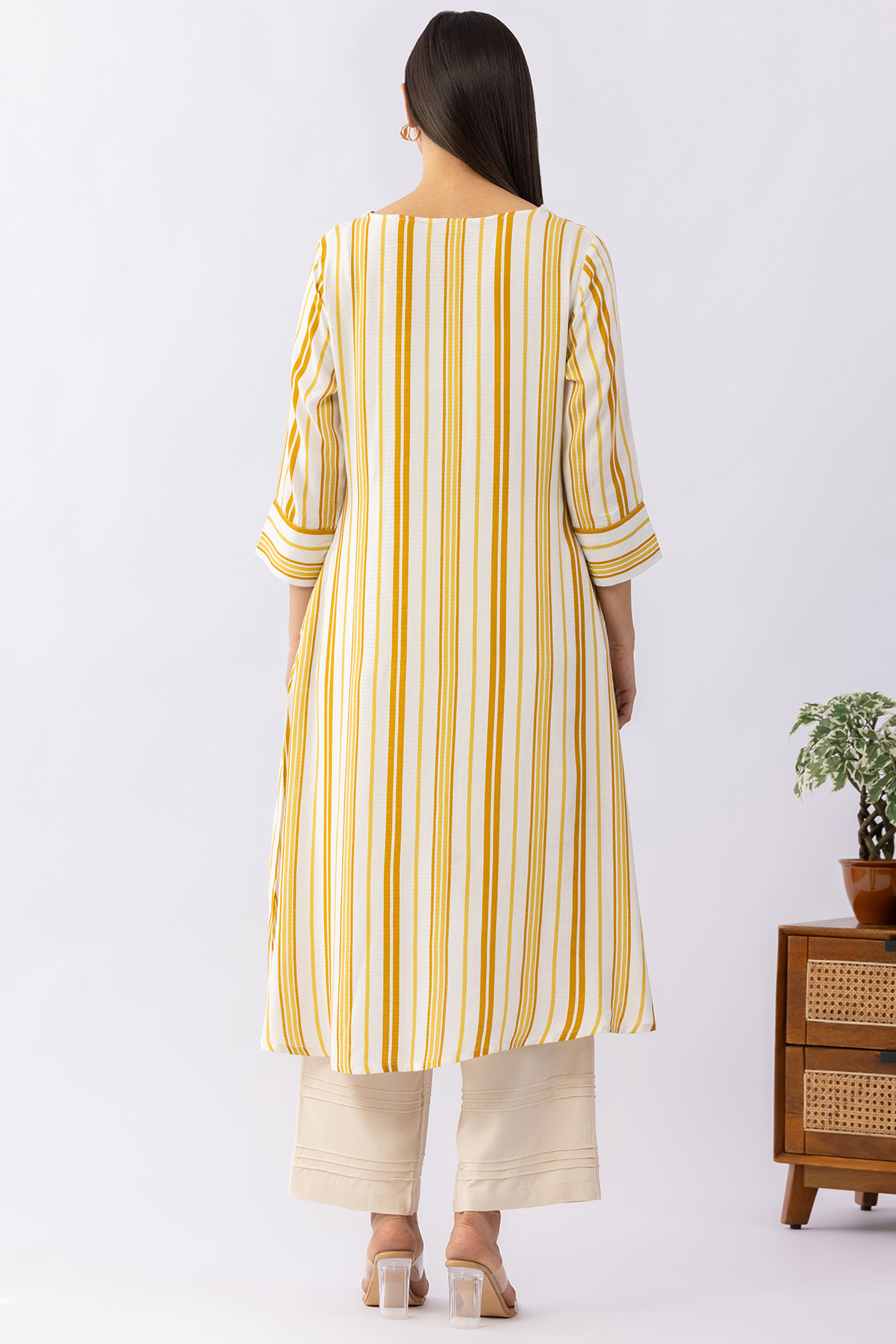 stripes kurti for women yellow viscose dobby round neck 3/4 sleeves