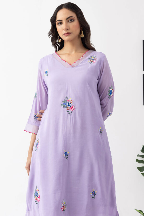 lavender kurta set for women embroidered chanderi viscose palazzo v neck
