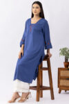 navy blue kurti for women embroidered viscose dobby v neck 3/4 sleeves