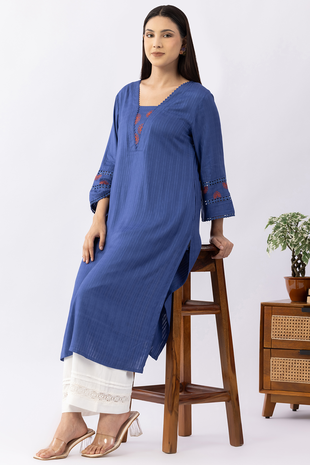 navy blue kurti for women embroidered viscose dobby v neck 3/4 sleeves