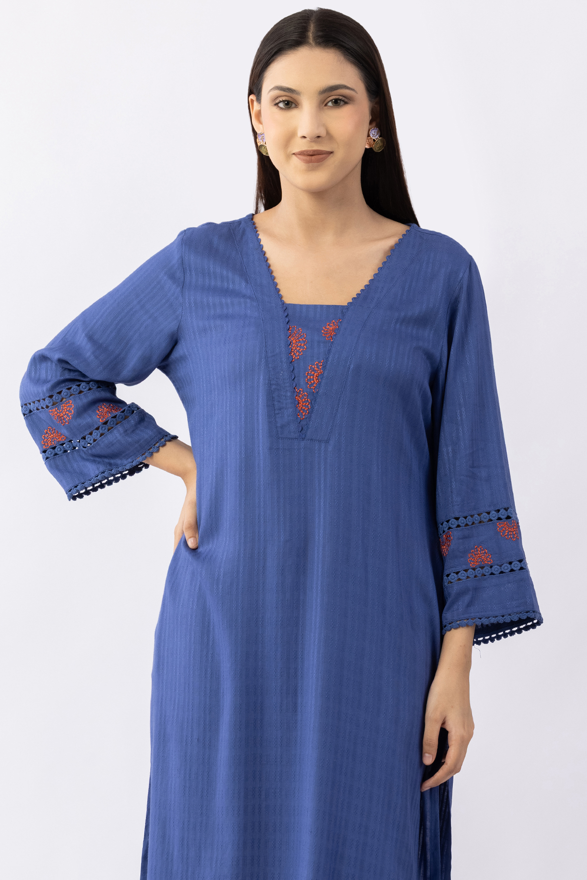 navy blue kurti for women embroidered viscose dobby v neck 3/4 sleeves