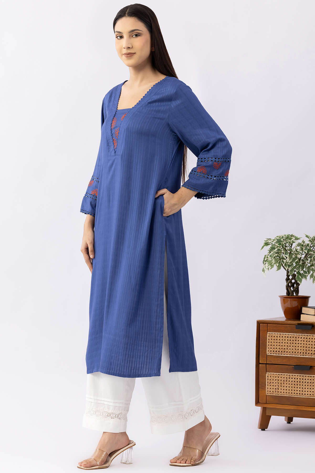 navy blue kurti for women embroidered viscose dobby v neck 3/4 sleeves