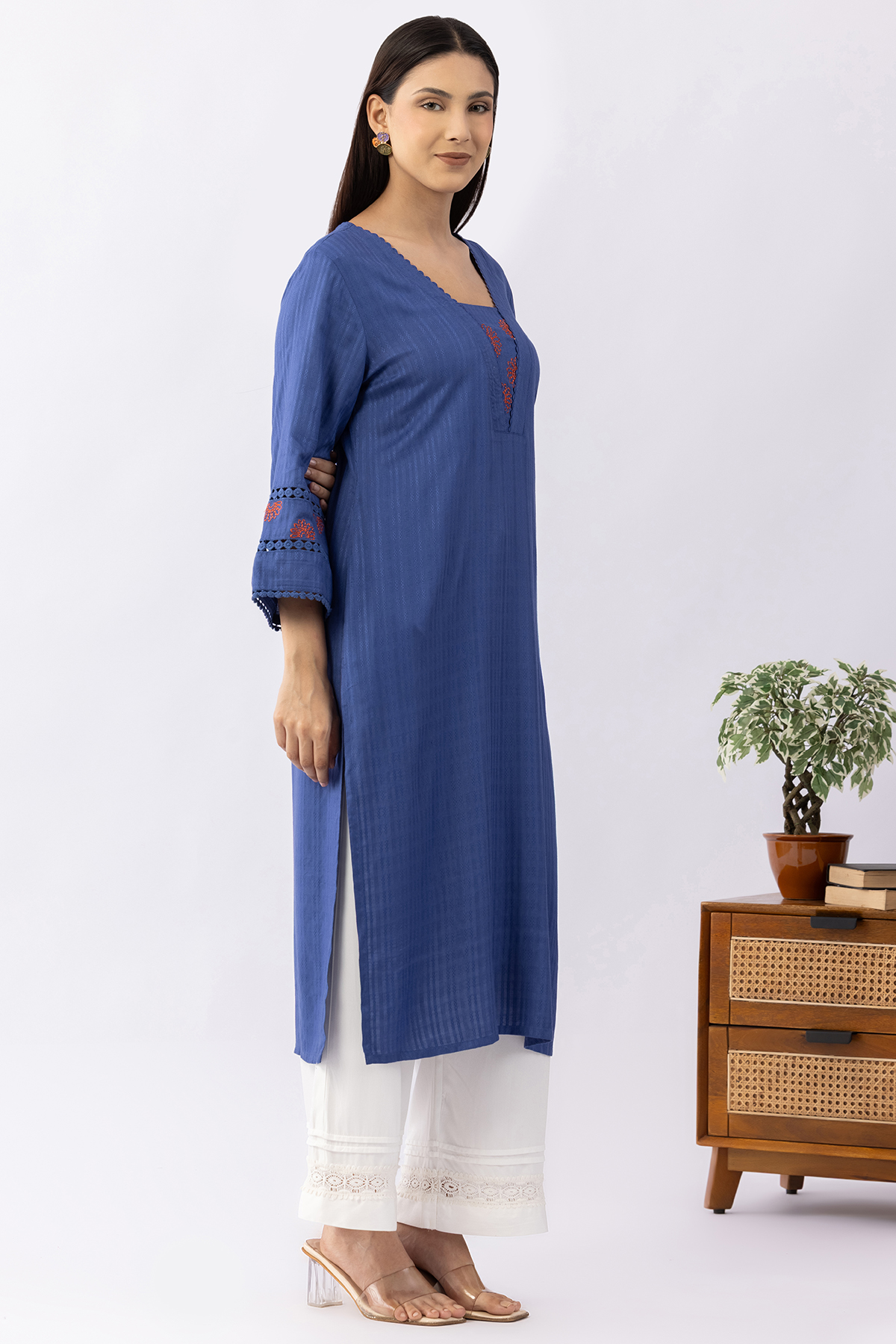 navy blue kurti for women embroidered viscose dobby v neck 3/4 sleeves