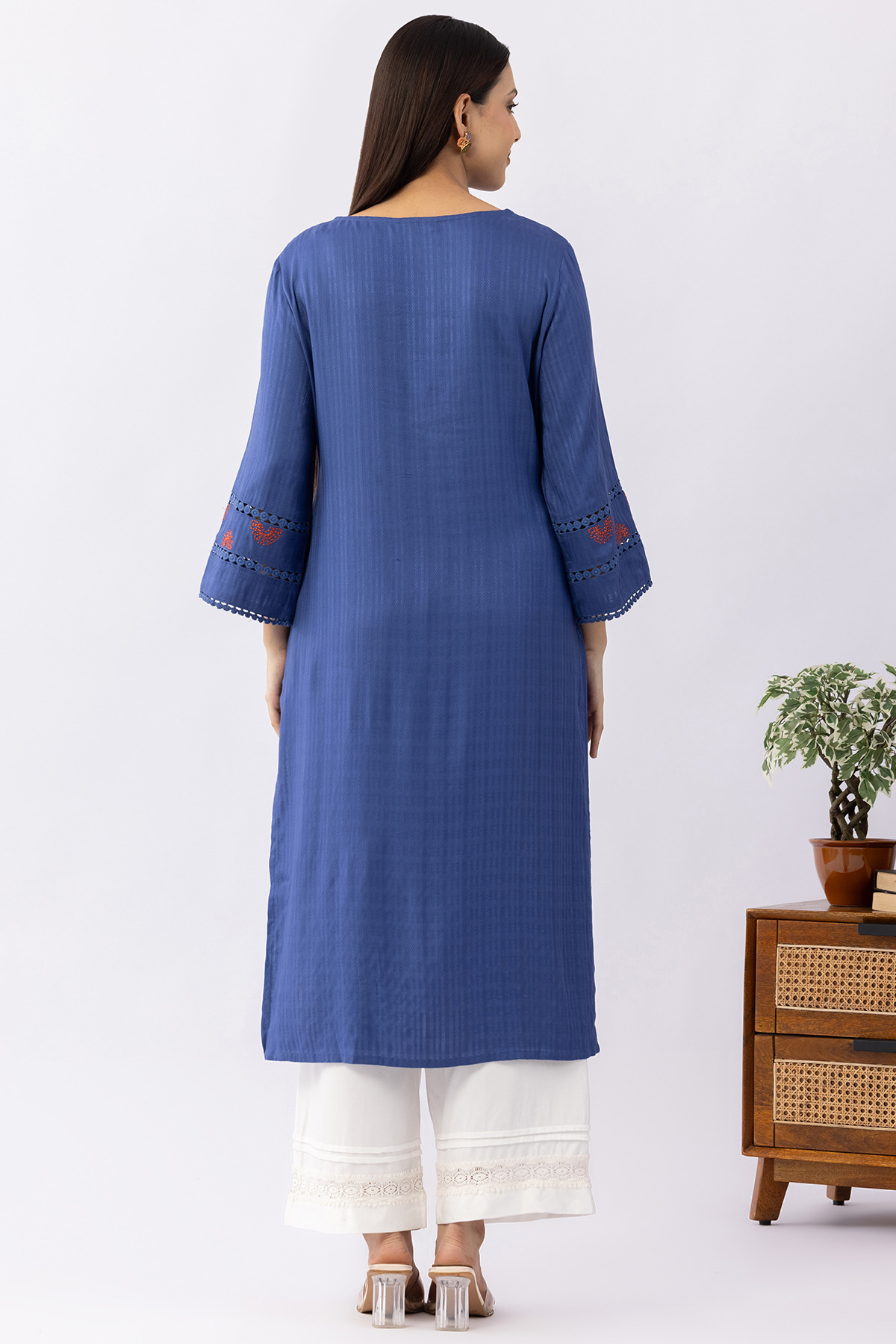 navy blue kurti for women embroidered viscose dobby v neck 3/4 sleeves