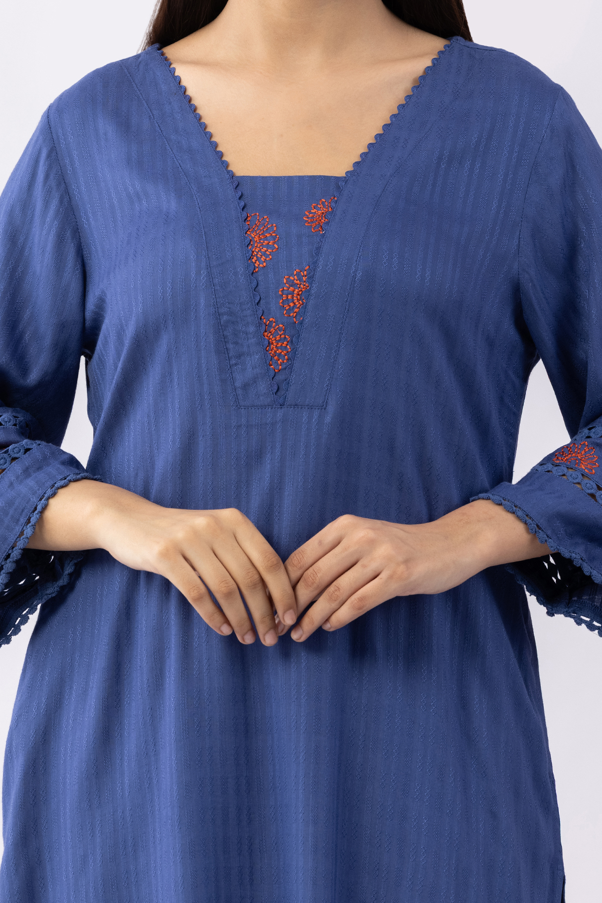 navy blue kurti for women embroidered viscose dobby v neck 3/4 sleeves