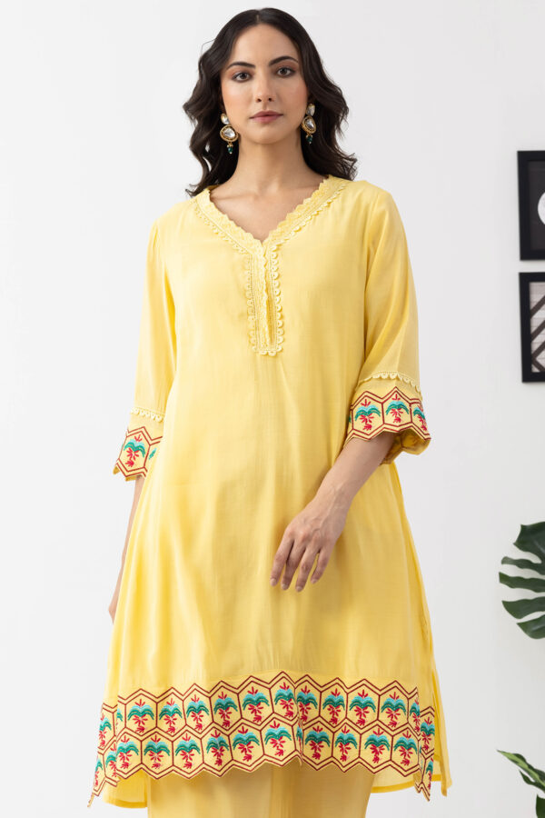 embroidered kurta set for women yellow chanderi viscose palazzo pant v neck
