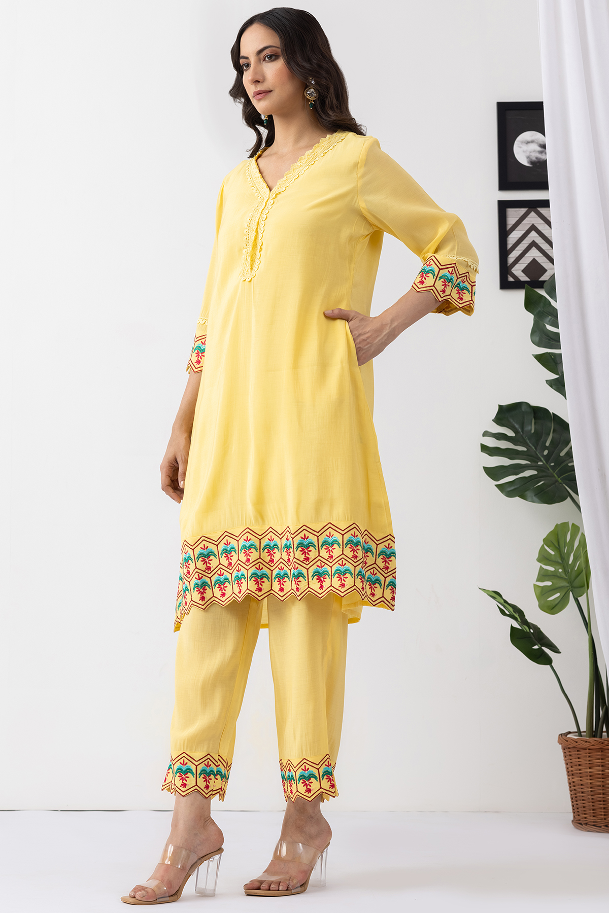 embroidered kurta set for women yellow chanderi viscose palazzo pant v neck