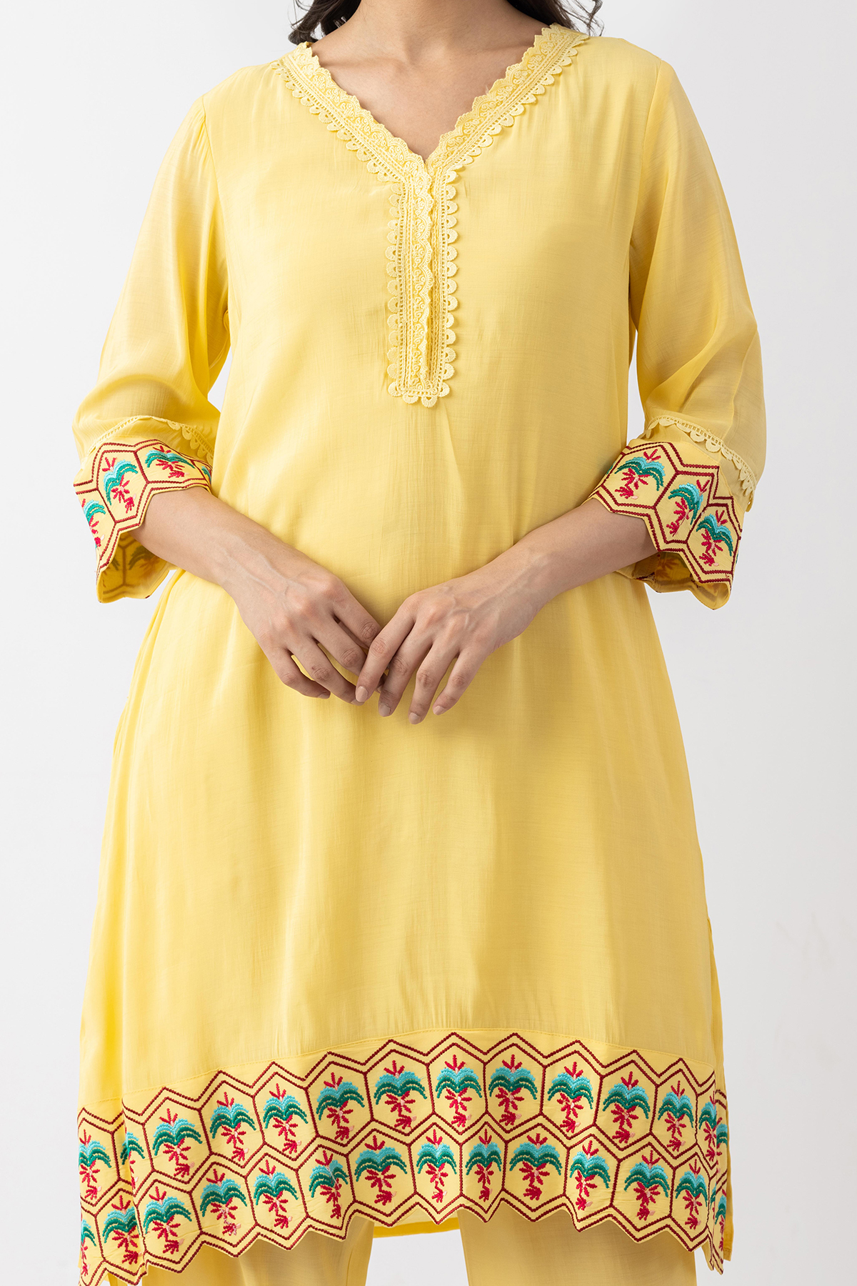 embroidered kurta set for women yellow chanderi viscose palazzo pant v neck