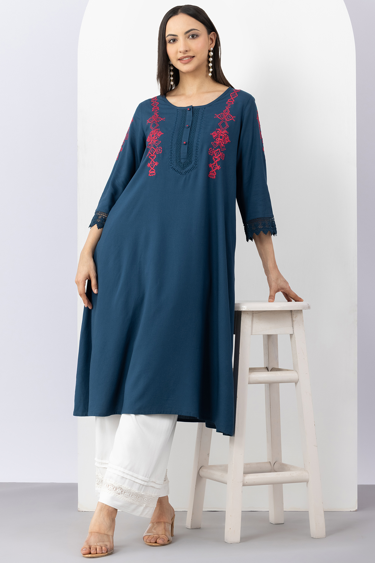 embroidered kurti women teal viscose round neck 3/4 sleeves ethnic wear