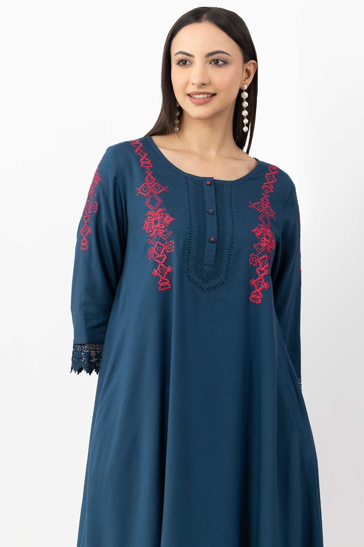 embroidered kurti women teal viscose round neck 3/4 sleeves ethnic wear