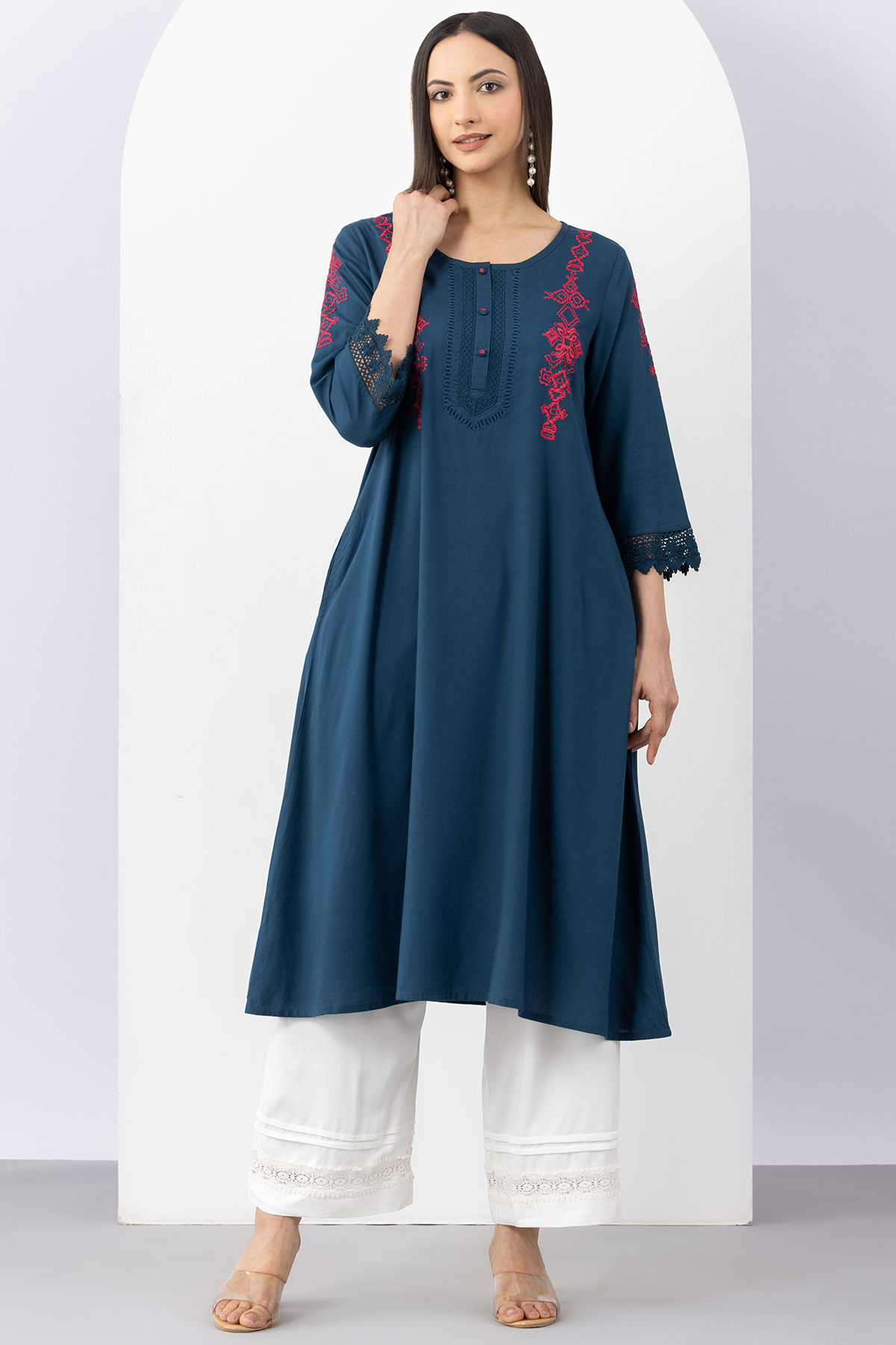 embroidered kurti women teal viscose round neck 3/4 sleeves ethnic wear