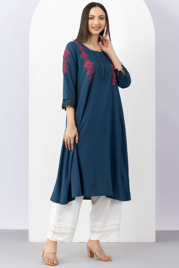 embroidered kurti women teal viscose round neck 3/4 sleeves ethnic wear
