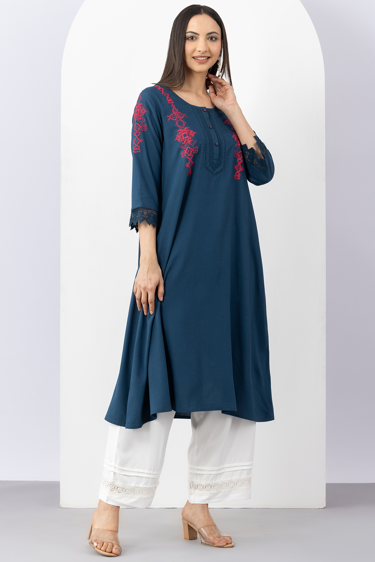embroidered kurti women teal viscose round neck 3/4 sleeves ethnic wear