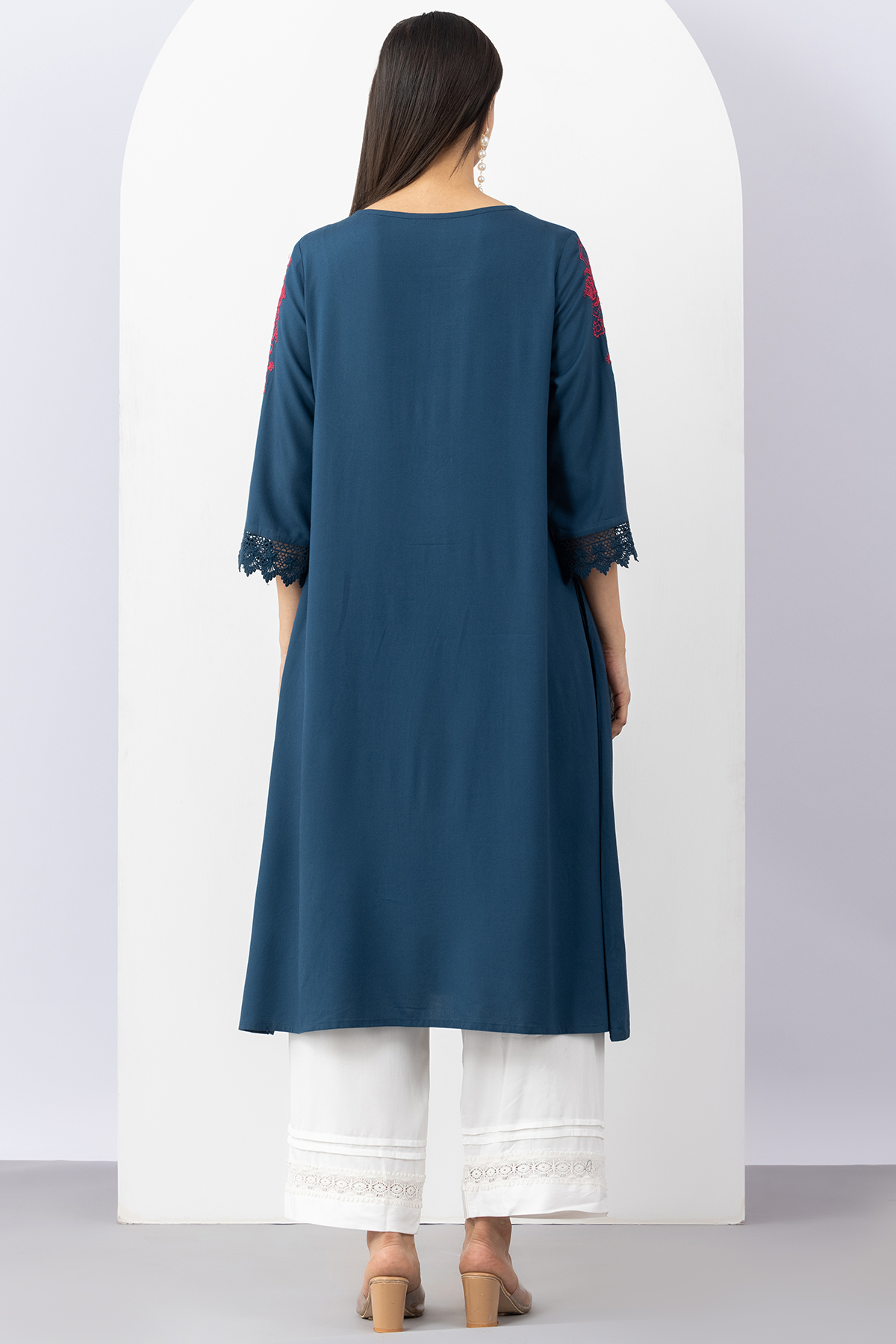 embroidered kurti women teal viscose round neck 3/4 sleeves ethnic wear