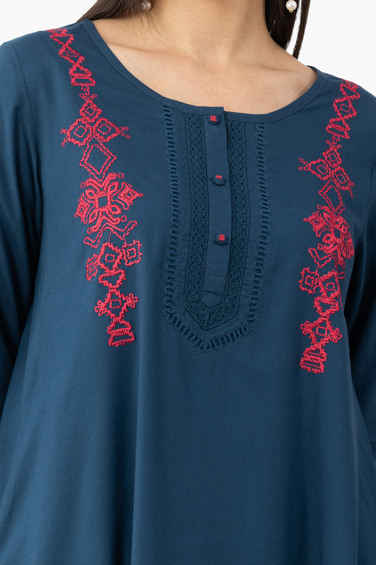 embroidered kurti women teal viscose round neck 3/4 sleeves ethnic wear