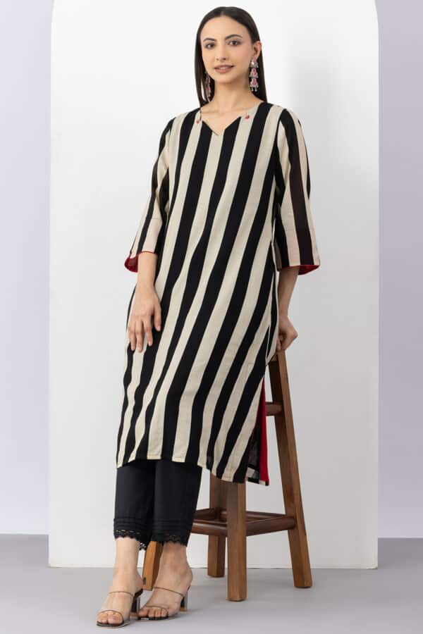 cotton kurti for women black beige stripe v neck 3/4 sleeves