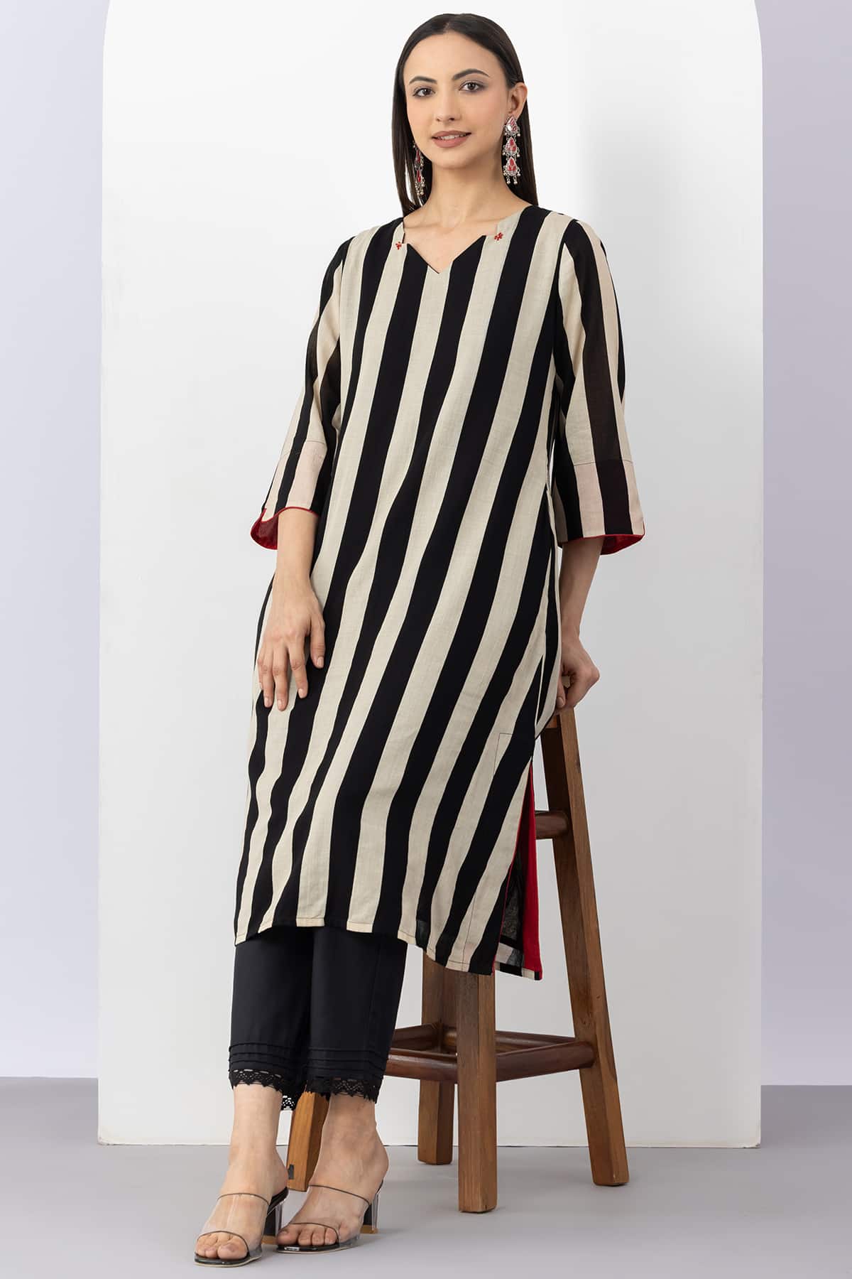 cotton kurti for women black beige stripe v neck 3/4 sleeves