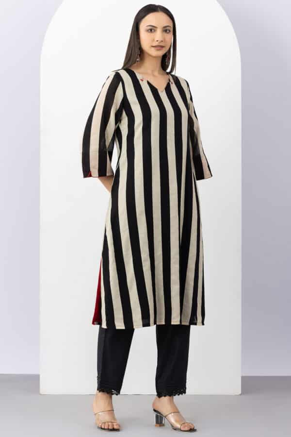 cotton kurti for women black beige stripe v neck 3/4 sleeves